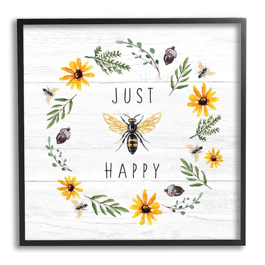 Stupell Industries Just Bee Happy Pun Phrase Yellow Daisy Wreath in Frame Wall Art